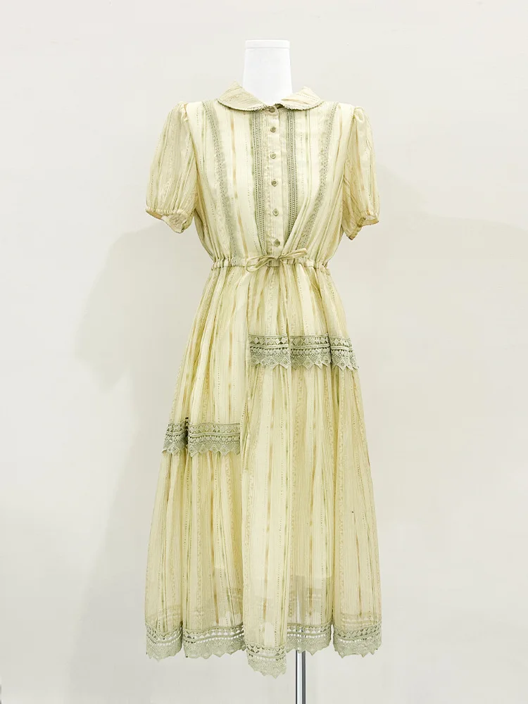 Vintage French Mori Style Medium Length Commuter Slimming Tight High-Waist Elegant Lace Jacquard Anti-Static V-neck Short Dress