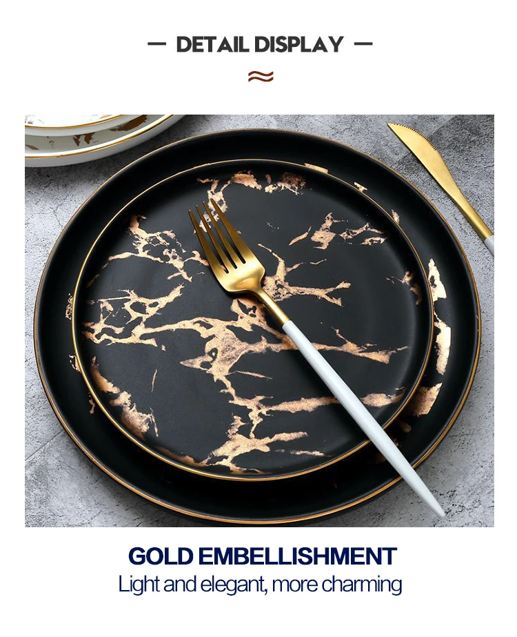 Wholesale Tableware Nordic Style Black Marble Design Dishes Round