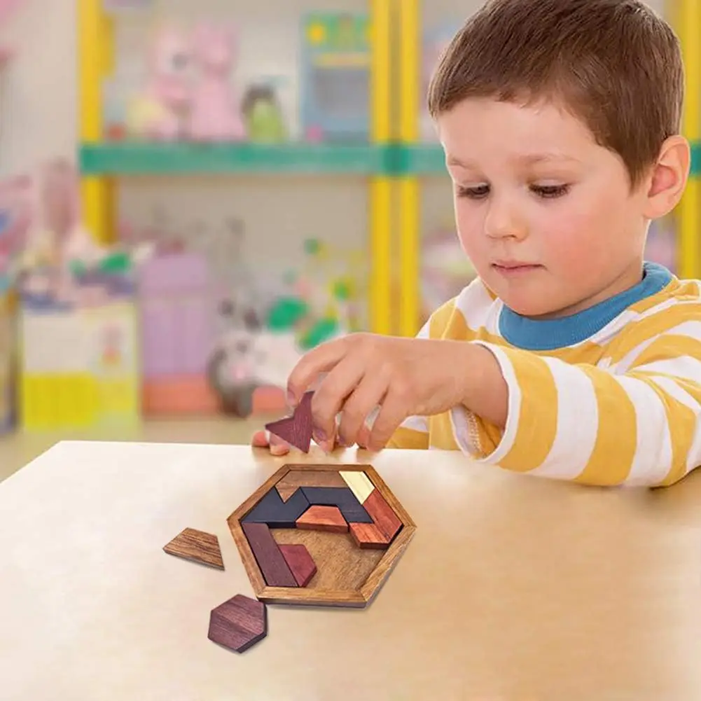Hexagon tangram puzzle wooden brain puzzles for kids adult challenge