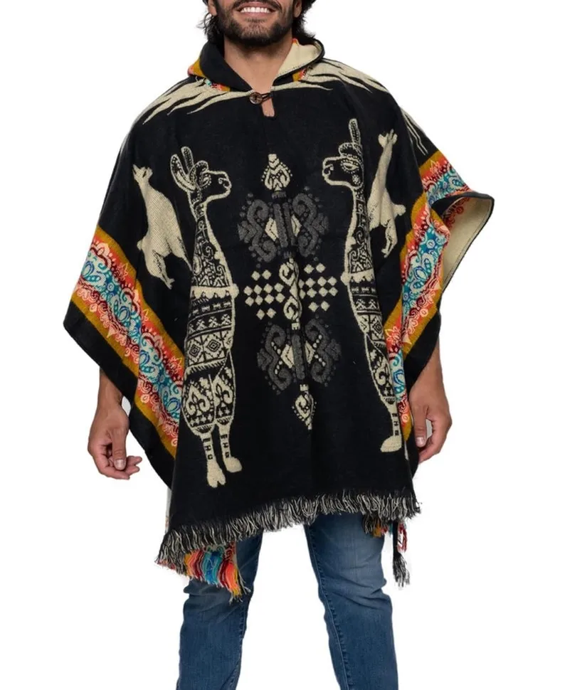 2025 Winter Mexican Men's Knitted Hoodie Poncho Southwestern Navajo Aztec Cloak Style Polyester Indigenous Design Shawl