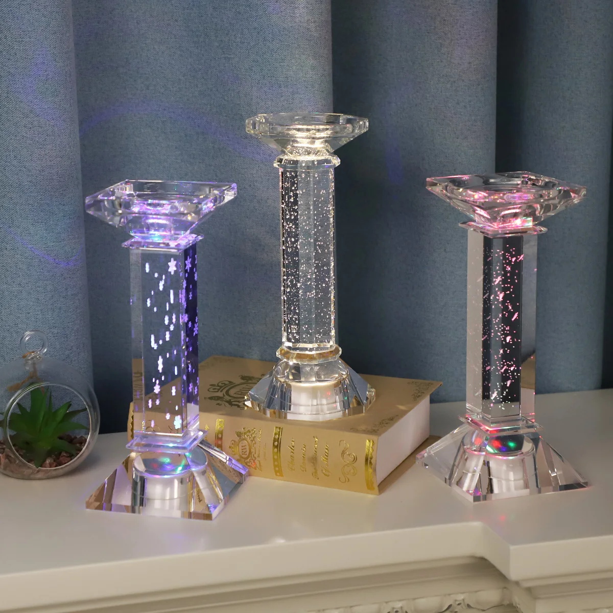 wholesale tall glass candle holder for pillar candles set of 3 crystal candlestick crafts table decor