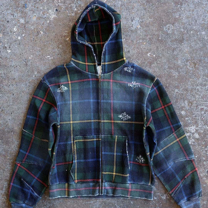 Wholesale Heavyweight Oversized Hoodies Knit Boxy Cropped Vintage Washed Hoodie Sun Faded Zip up Plaid Hoodie