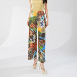 Miyake Pleated Women's Fashionable Pants With High Quality Elastic Print Design Loose Casual Style Wide Leg Pants