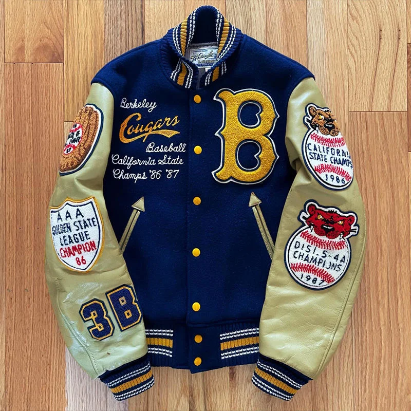 SALATI Manufacture OEM Custom Logo Embroidery Bomber Jackets Leather Sleeves Retro Letterman Baseball Varsity Jacket for Men gallery 4