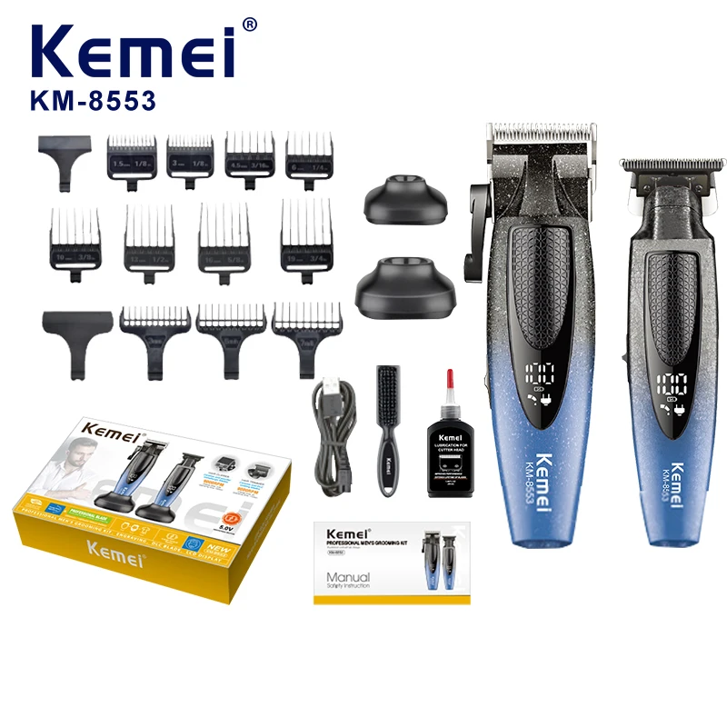 Tondeuse à cheveux professionnelle Kemei Pro KM-8553, conception optimale, lame réglable, vitesse variable, autonomie prolongée, moteur à 9 000 tr/min