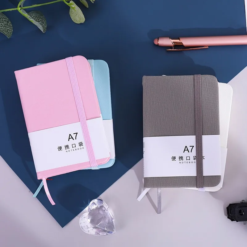 A7 Solid Color Leather Notebook Mini Pocket Portable Journal Notepad Dairy Notebook with Elastic Band