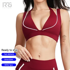 Roregal Nude V Neck Yoga Sport Bra Top Fitness High Quality Women Gym Wear Running Workout Sports Bra