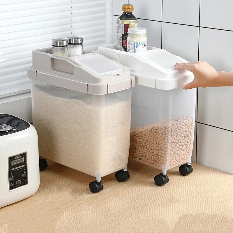 Contenants de stockage alimentaire étanches rectangulaires en PP, écologiques, grande capacité (10 L), contenant mobile pour riz avec roulettes, vente en gros