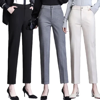 Fashion Cotton High Trousers Ladies Business Office Women's Formal Long Straight Pants Breathable Mid-Waist Plain Dyed Summer