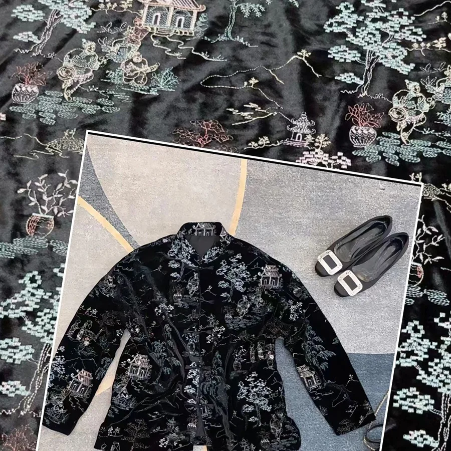 Nais Luxury Tree House Pattern Thick Winter Polyester Embroidered  Embossed 3d Flower Velvet Black Fabrics for Winter Clothing