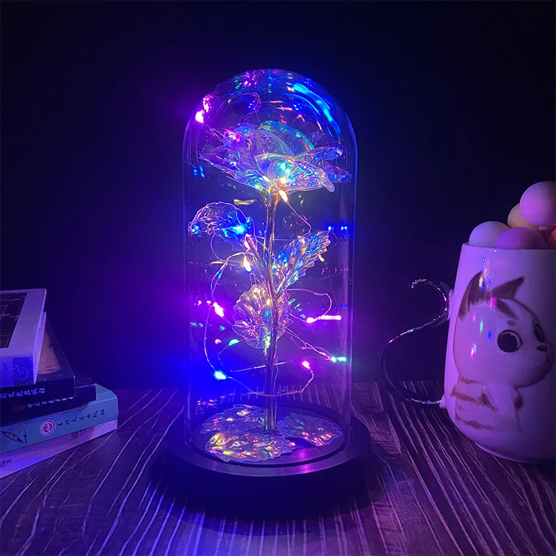 product valentines mothers day gift artificial decorative flower galaxy rose led light 24k golden foil rose in glass dome-59