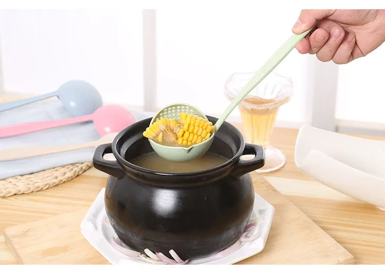 Wheat straw 2-in-1 household kitchen soup spoon Long handle plastic colander strainer tableware fondue spoon scoop scoop details