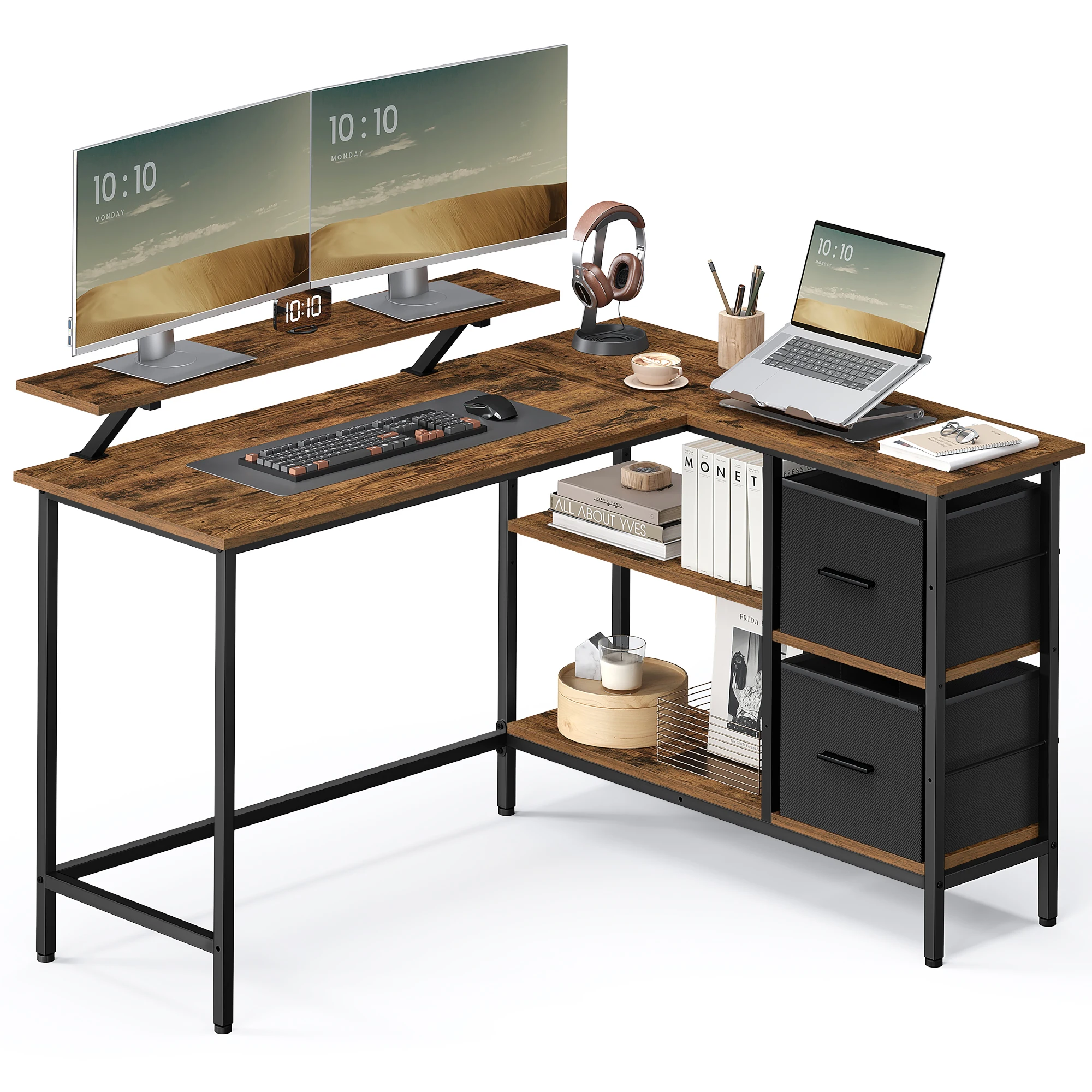 VASAGLE L Shaped Gaming Desk  with 2 Drawers Computer Desk with Power Outlet Monitor Stand