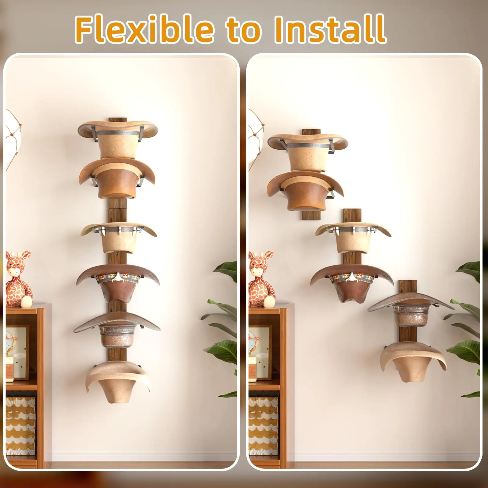 product wall mounted cowboy hat rack 6 tier wooden hat hanger for western hats caps accessories hat holder large brim hat organizer-5