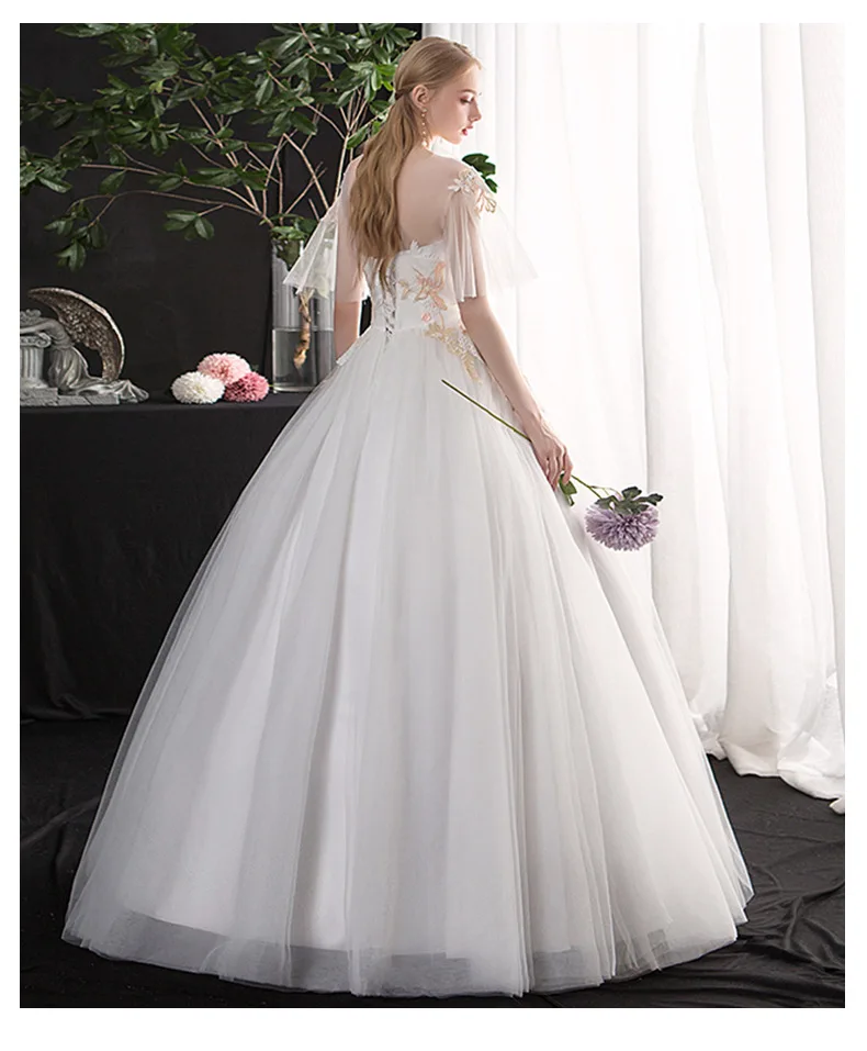 Lace Short Sleeve White Champagne One Shoulder Embroider Horn Bridal  Wedding Dresses