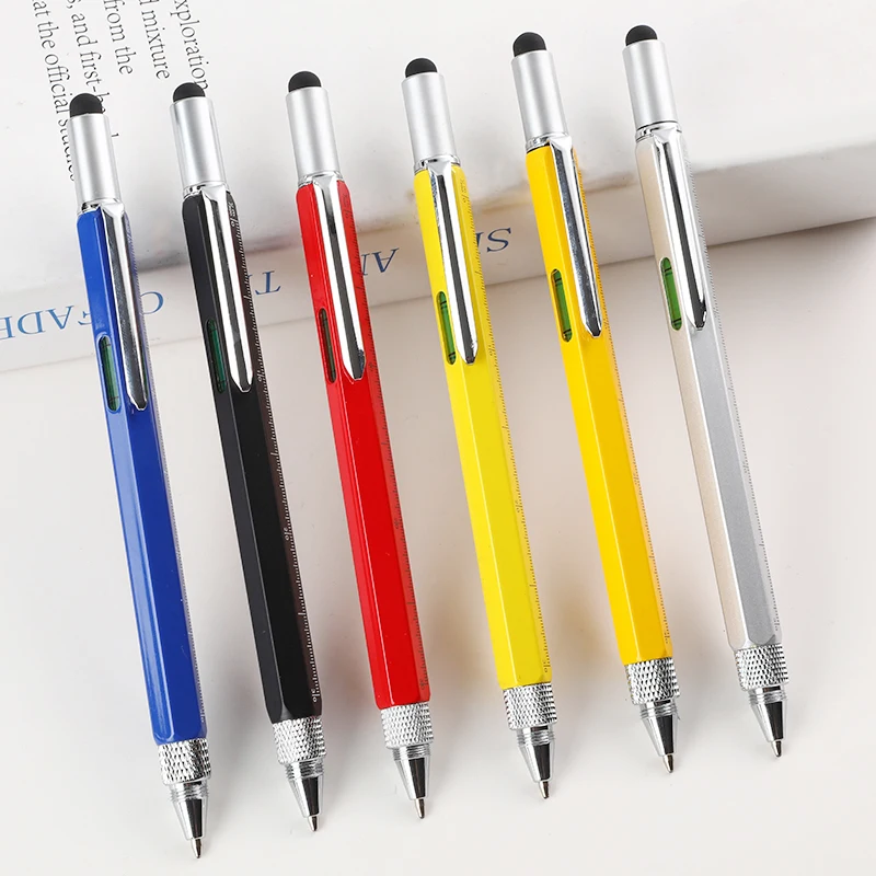 6 in 1 Multifunctional Tool Ballpoint Pen With Ruler Level Cross Flat Head Screwdriver Touch Screen Pocket Multitool Pen
