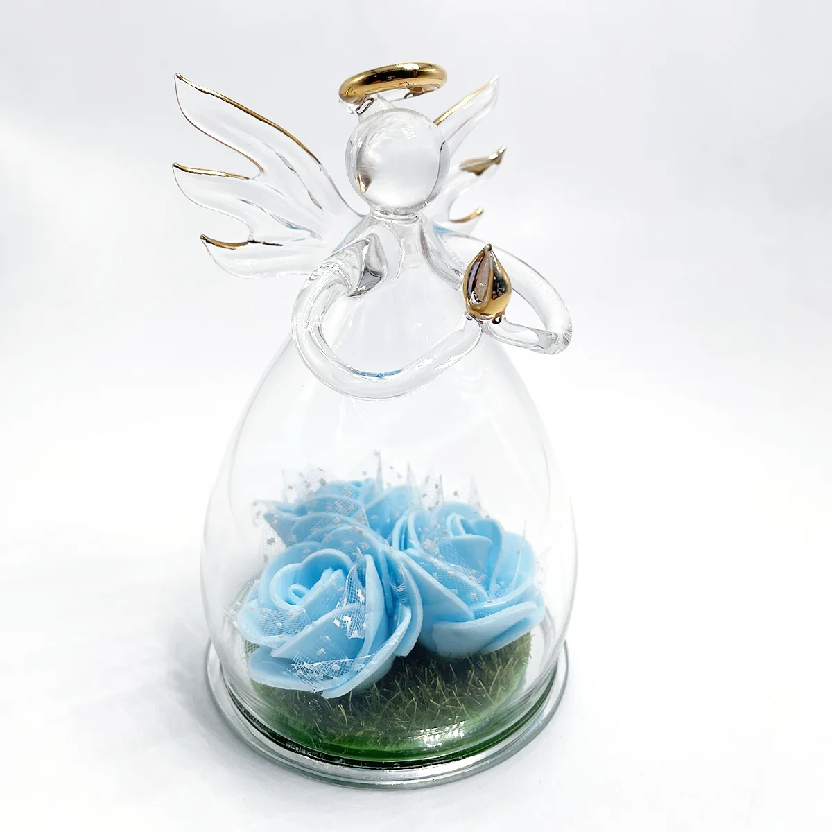 High quality mirror base clear glass artificial rose flower in glass angel dome figurine Christmas ornament valentines gift