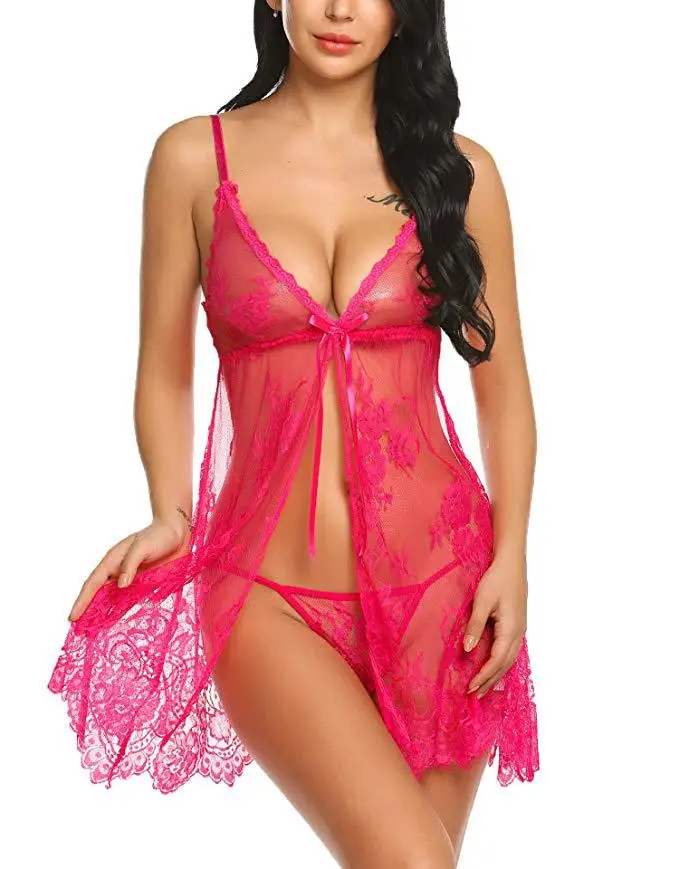 European American New Style Sexy Lingerie Eyelash Strap Women's Nightdress Set Light Breathable