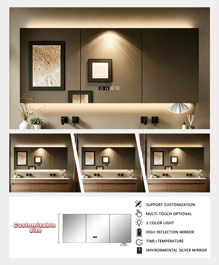 product luxury led medicine cabinet aluminum vanities bathroom cabinet smart mirror wall mounted bathroom cabinet vanity for hotel-4
