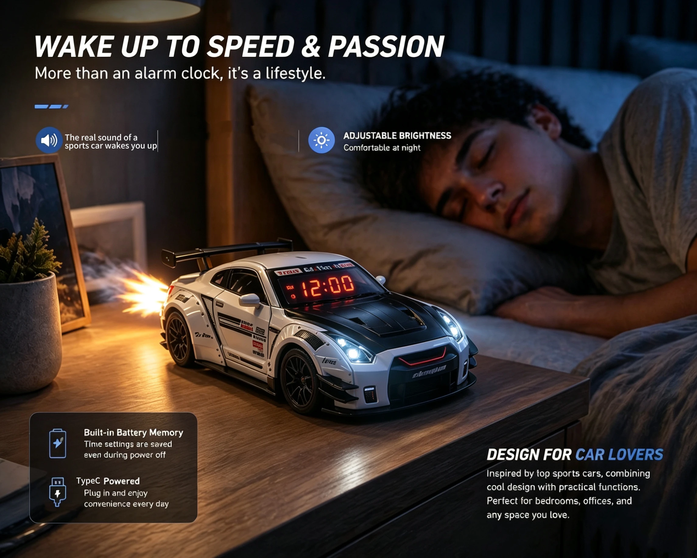 Alarm Clock White/Black Realistic Engine and Light Effects Home Daily Use for Hypercar Alloy Spray Version