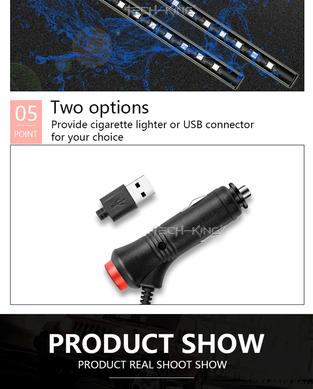 Car cigarette lighter USB plug Interior Lights Strip Decoration Bar Remote/Voice Control 48 LED RGB Car Foot Ambient Light