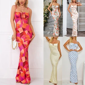 HUILI Manufacturer High Quality slip Slit String Floral Printed Elegant Evening Bodycon Dress Women Custom logo Maxi Dress