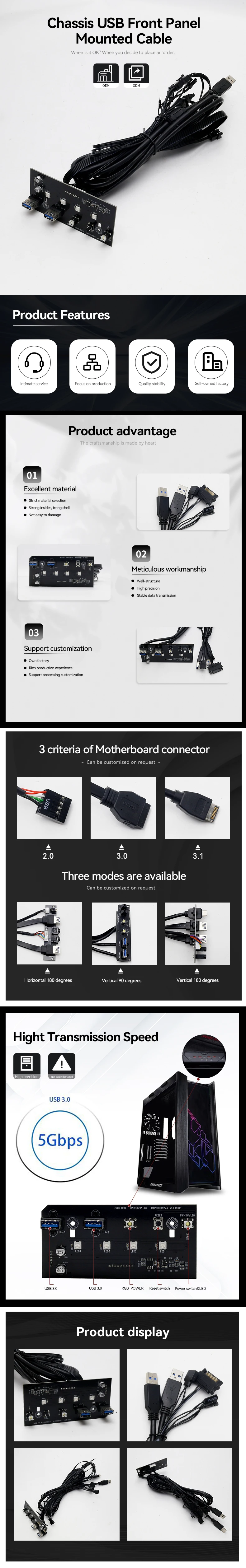 Chassis USB Front Panel Cable Dual USB 3.0 Extension Wire Power Switch ...