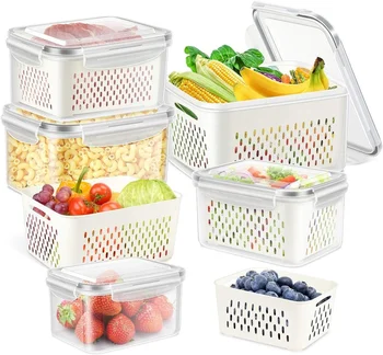 Food Fruit Storage Containers for Fridge Pantry Organizers with Drain Baskets Fridge Storage Box Bin with Airtight Lid