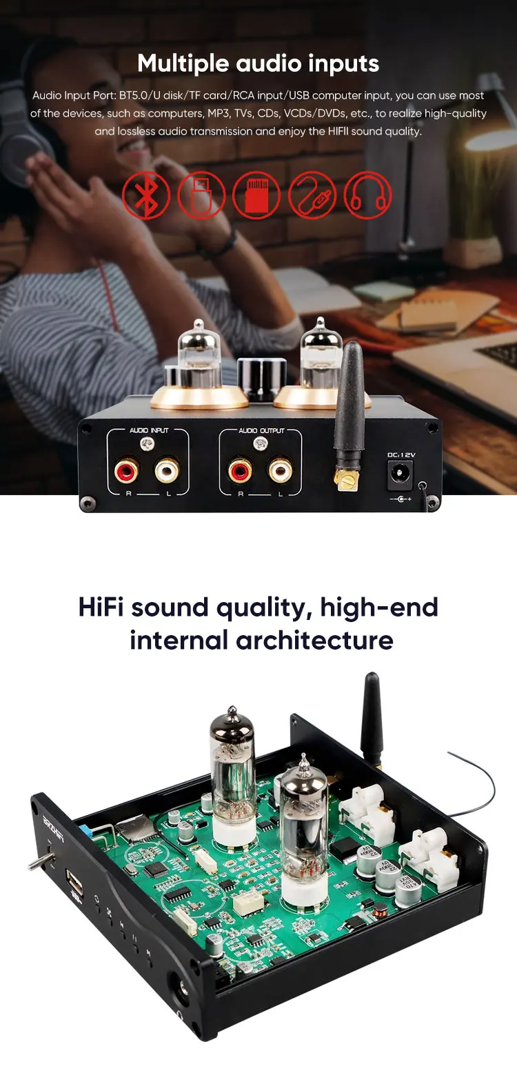 BRZHIFI F5 Tube Preamplifier BT5.0 Lossless Player Headphone Amplifier APP Remote Control And Digital Turntable Stereo HIFI Amp manufacture