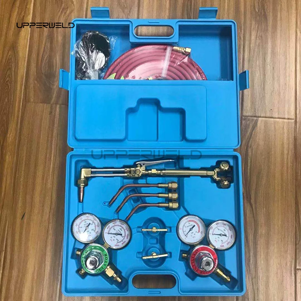 Portable Oxy Brazing Welder Tool Set with Oxygen & Acetylene Gas Cutting Torch Two Hose Pressure Regulators and Gauges