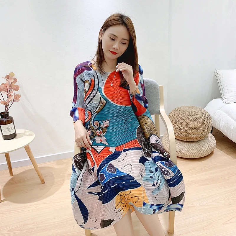 Popular Miyake Large Size Printing Temperament Pleated Skirt Female Dress