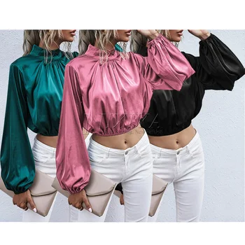 Fashion Tops tunic Loose Solid Lantern sleeve Women Top Lady Blouse Satin Casual woman tops fashionable