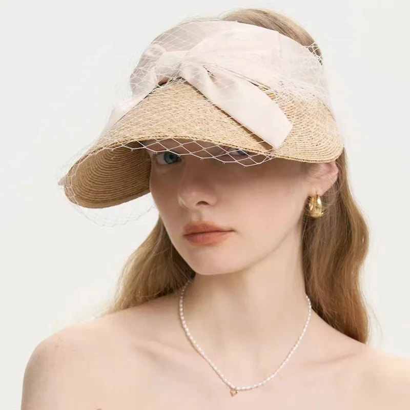 Spring Summer Fashionable Floppy Straw Hat Satin Bows Bucket Style Sun Protection for Beach Outdoor Use Empty Top Paper Material