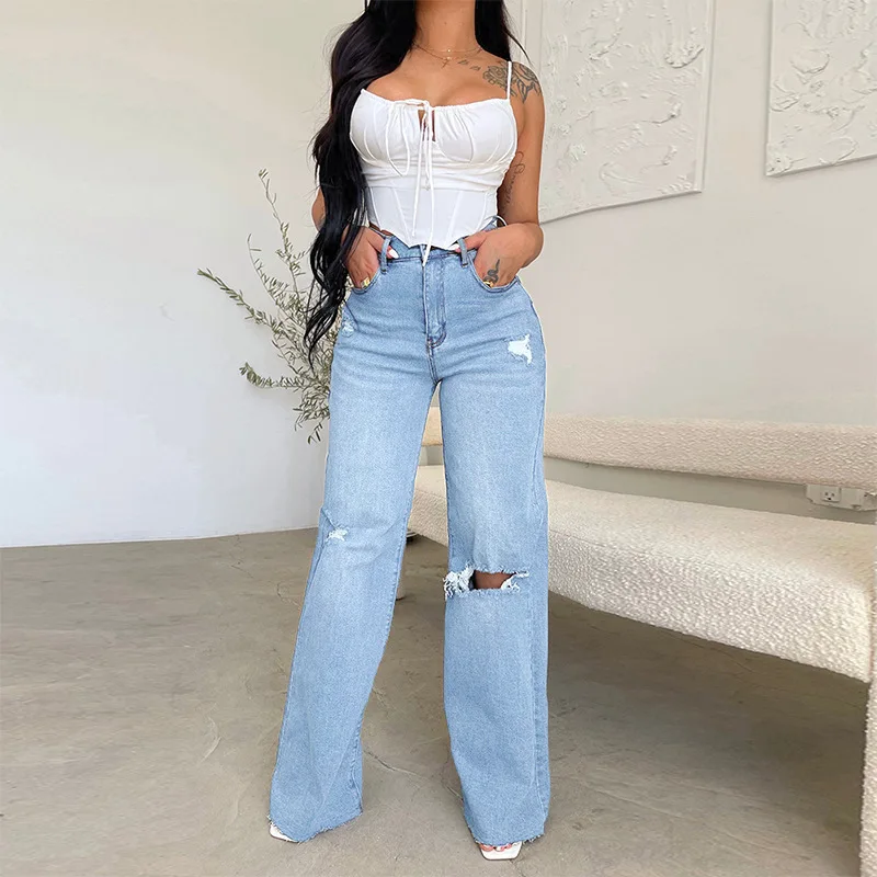 Manufacturer Direct Comfortable Fashionable Women's High Waist Wide Leg Pants Versatile Ripped Jeans in Plus Size
