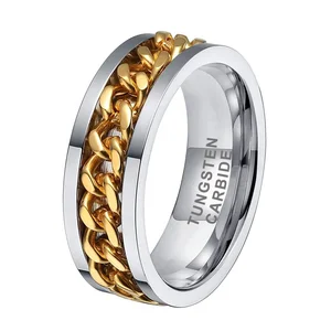 Coolstyle Jewelry 8mm Tungsten Spinner Anxiety Release Ring for Men Women Gold Steel Chain Inlay Fashion Engagement Wedding Band