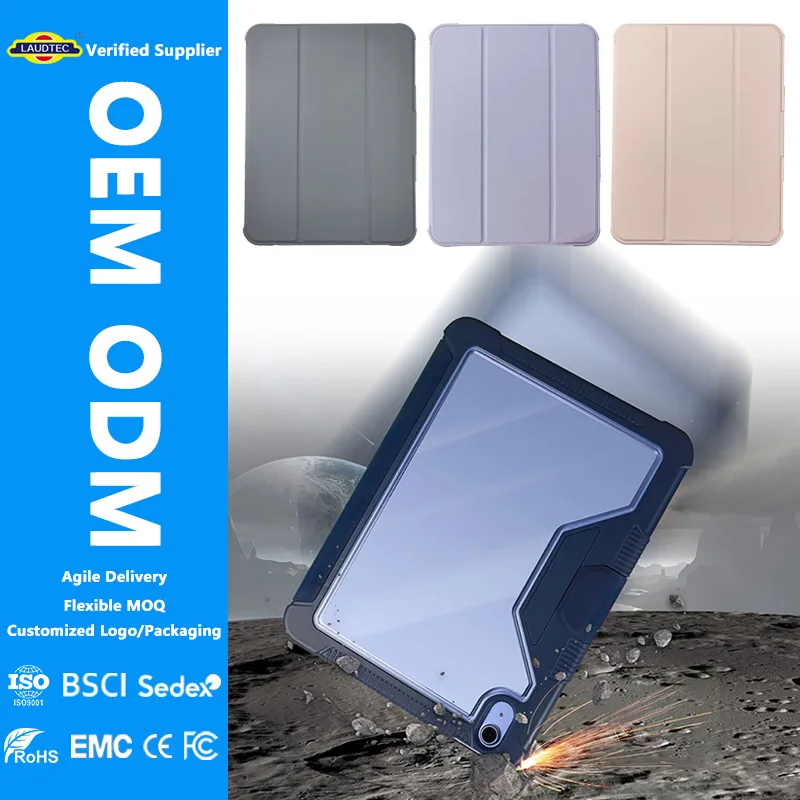ODM PC+TPU Heavy Duty Anti-Drop Tri-fold Folio Case With Built-in Pencil Slot Auto Wake Sleep Protective Cover for iPad 11 Inch