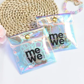 Custom pvc hologram bag pouch with snap clear jewelry bags for jewelry ring necklace snap button bag with Logo