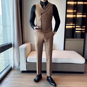 Customizable 2-Piece Set of Men's Slim Fit Double-Breasted Green Fruit Collar Vest Pant Formal Style with Breathable Feature