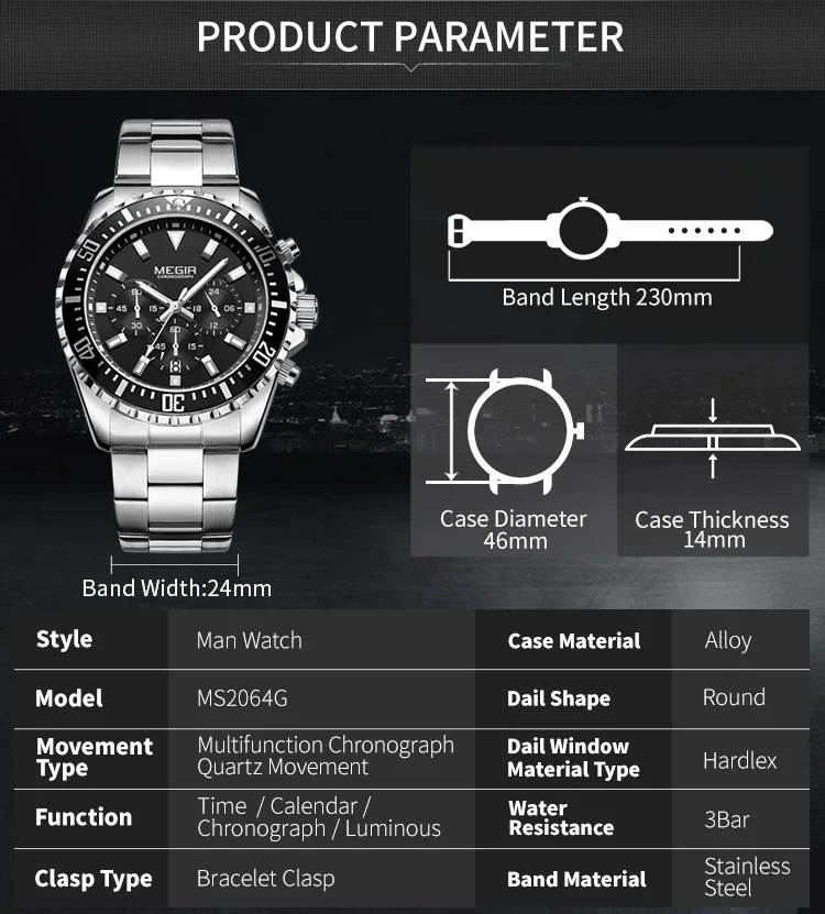 MEGIR Orologio da uomo di lusso, alla moda, al quarzo, con cinturino in acciaio inox, impermeabile, luminoso, cronografo, 2064 argento verde, cronografo
