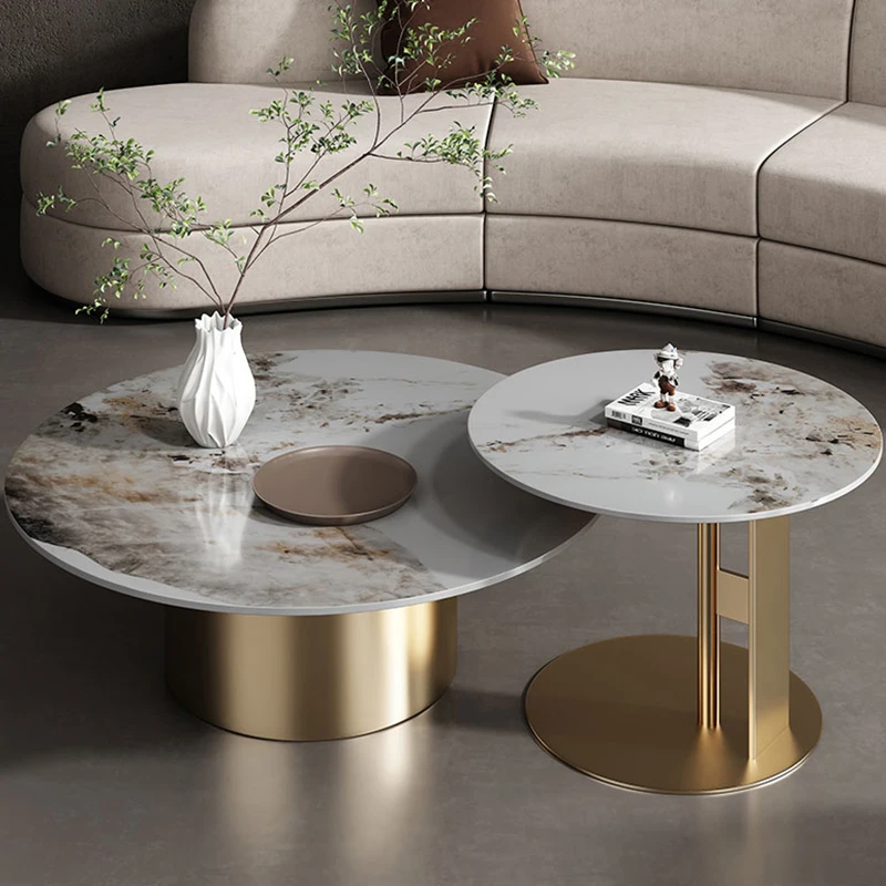Factory Outlet 2 Pieces Nesting Center Table Round Marble Top Gold  Leg Tea Table 2 in 1 Coffee Table Set