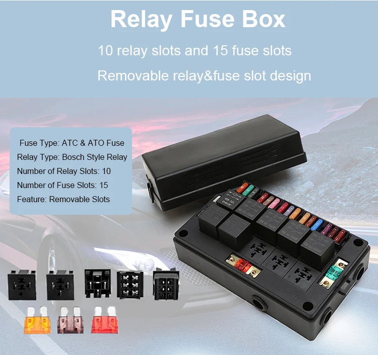 Waterproof Automotive Fuse Holder with 10 Relays and 15 Way Blade Fuses for 40A Current Protection
