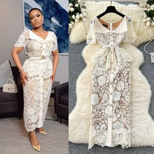 Summer Beaded Diamonds Embroidery Beige White Lace Evening Dress Women Short Sleeve Long Ruffle Peplum Midi Prom Dresses