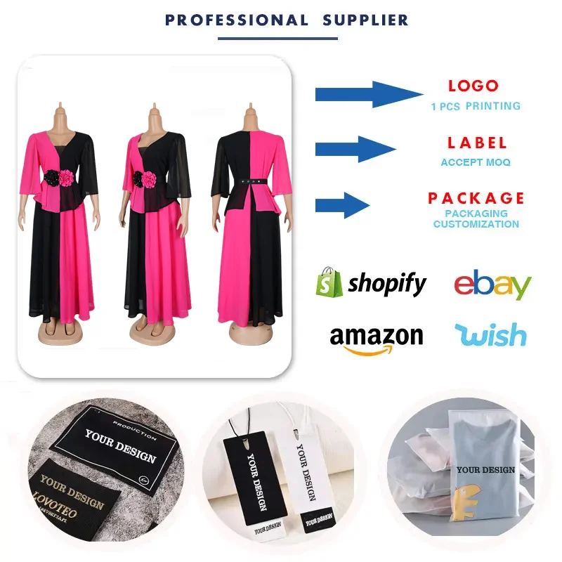 Trendy Maxi Chiffon Dresses Women Casual 3/4 Sleeve V-neck Contrast Color  Long Dresses Women Church Dress for Women