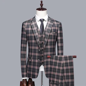 Men's Suits Wedding Groom Three-piece Set of Two-button British Plaid Slim Europe and the United States Formal Casual Suit