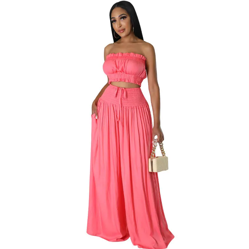8674 New Arrivals Strapless Tube Top Matching Wide Leg Straight Pants ...
