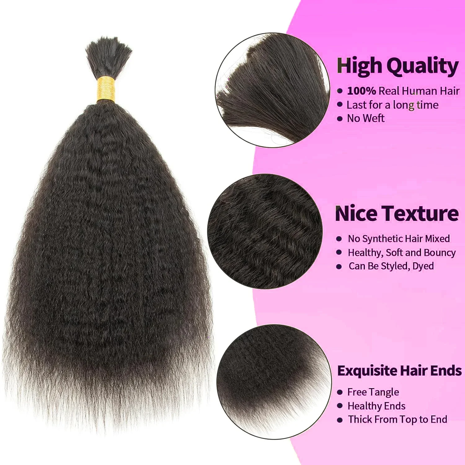 Kinky Straight Hair Bulk Brazilian Remy Human Hair Bulk For Braiding No Weft Crochet Braid Weft Hair Bulk Natural Black Color 1B_voghion.com