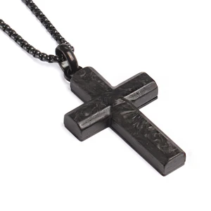 Men's Classic Black Plated Forged Carbon Fiber Necklace Pendant Stylish Stainless Steel Cross Pendant
