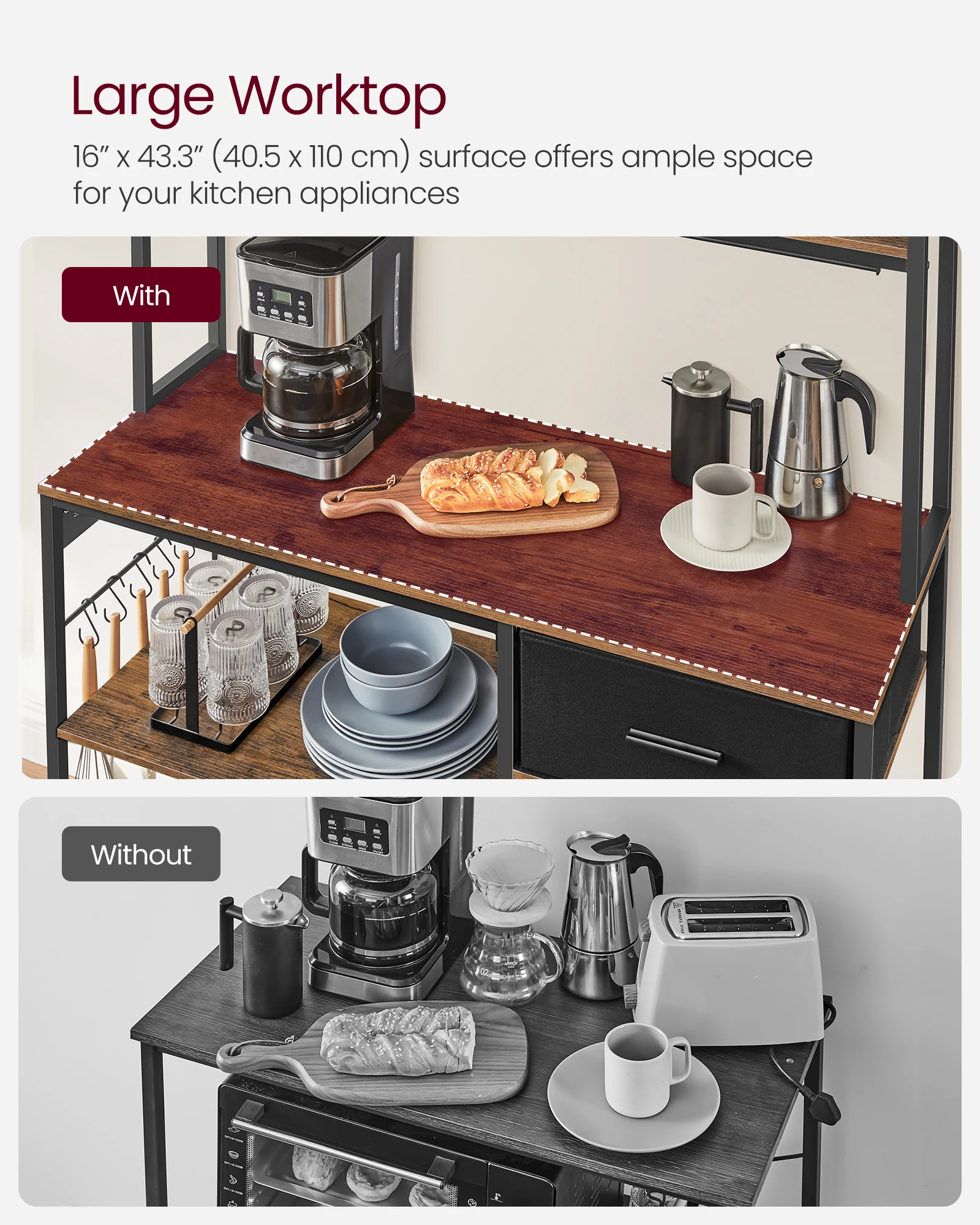 VASAGLE 12 Hooks Coffee Bar Stand with Adjustable Storage Shelves Bakers Rack with Drawer