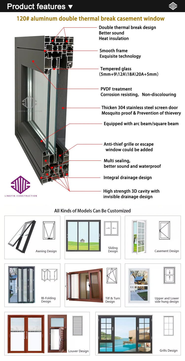 Aluminum Main Door Swing Designs Double Tempered Glass Windproof Door 