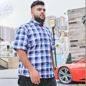 Cheap Price Cotton Blue Plaid Shirt Oversize Short Sleeve Men's Loose Half Sleeve Summer Clothes for Men